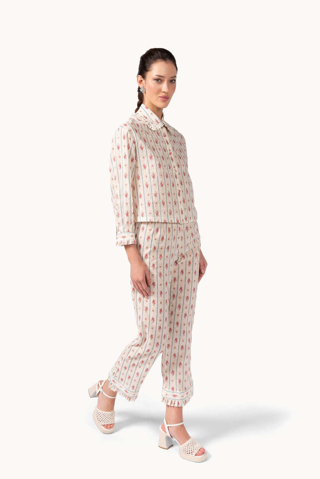 Pantaloni in cotone plumetis floreale e a righe