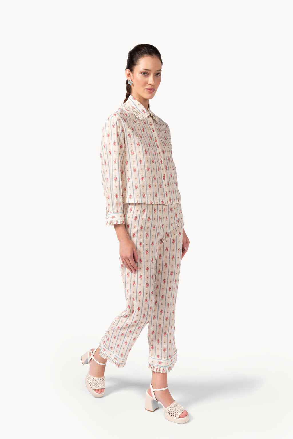 Pantaloni in cotone plumetis floreale e a righe