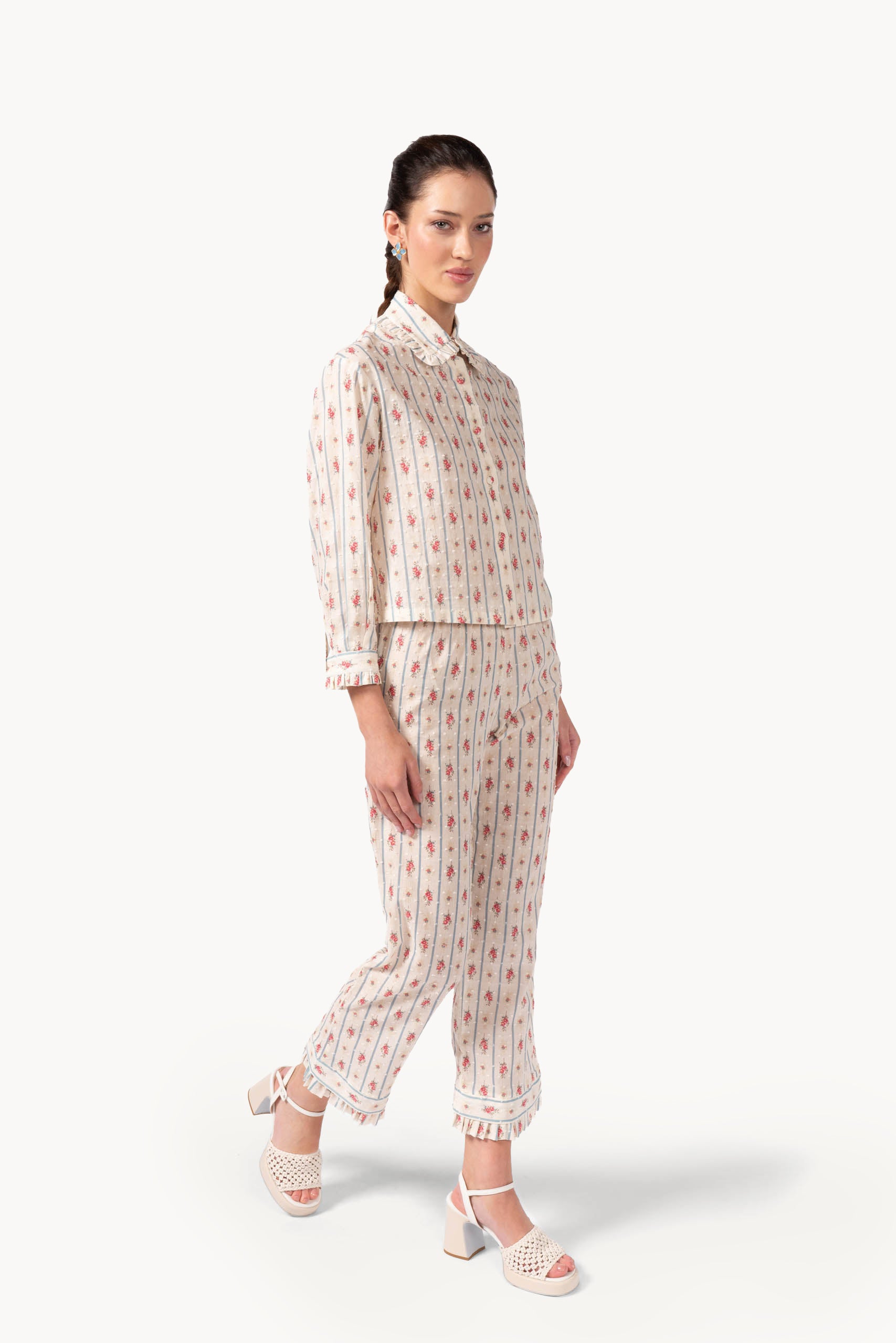Pantaloni in cotone plumetis floreale e a righe
