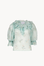 Blusa in chiffon ricamata con colletto a volant