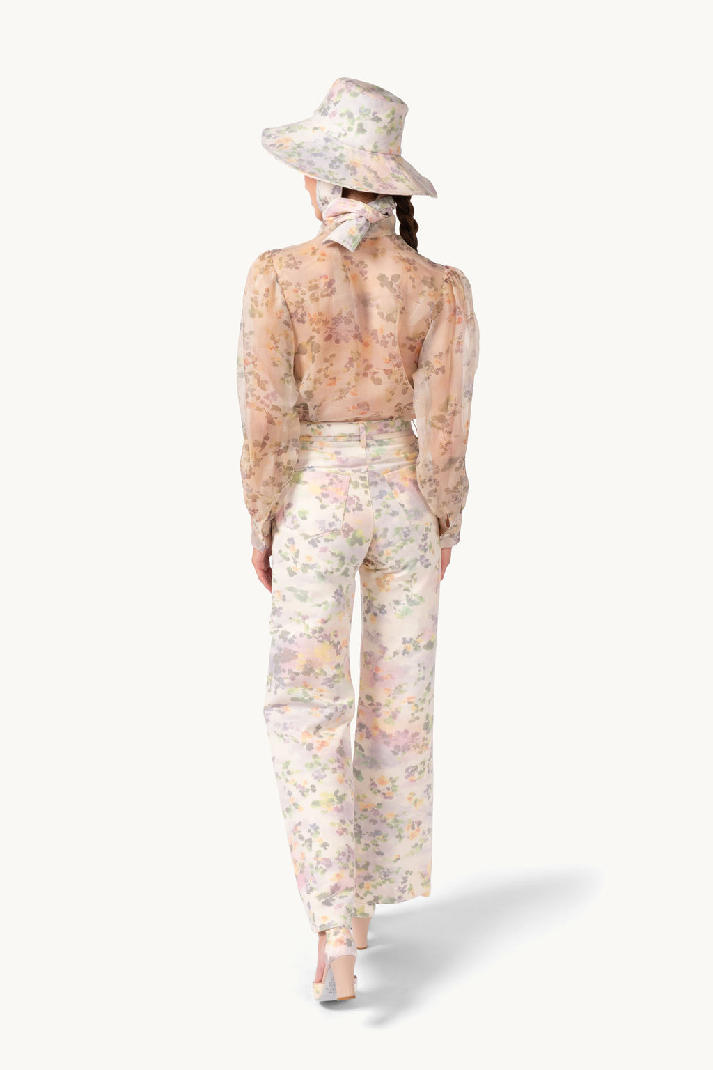 Pantaloni in cotone floreale chiné