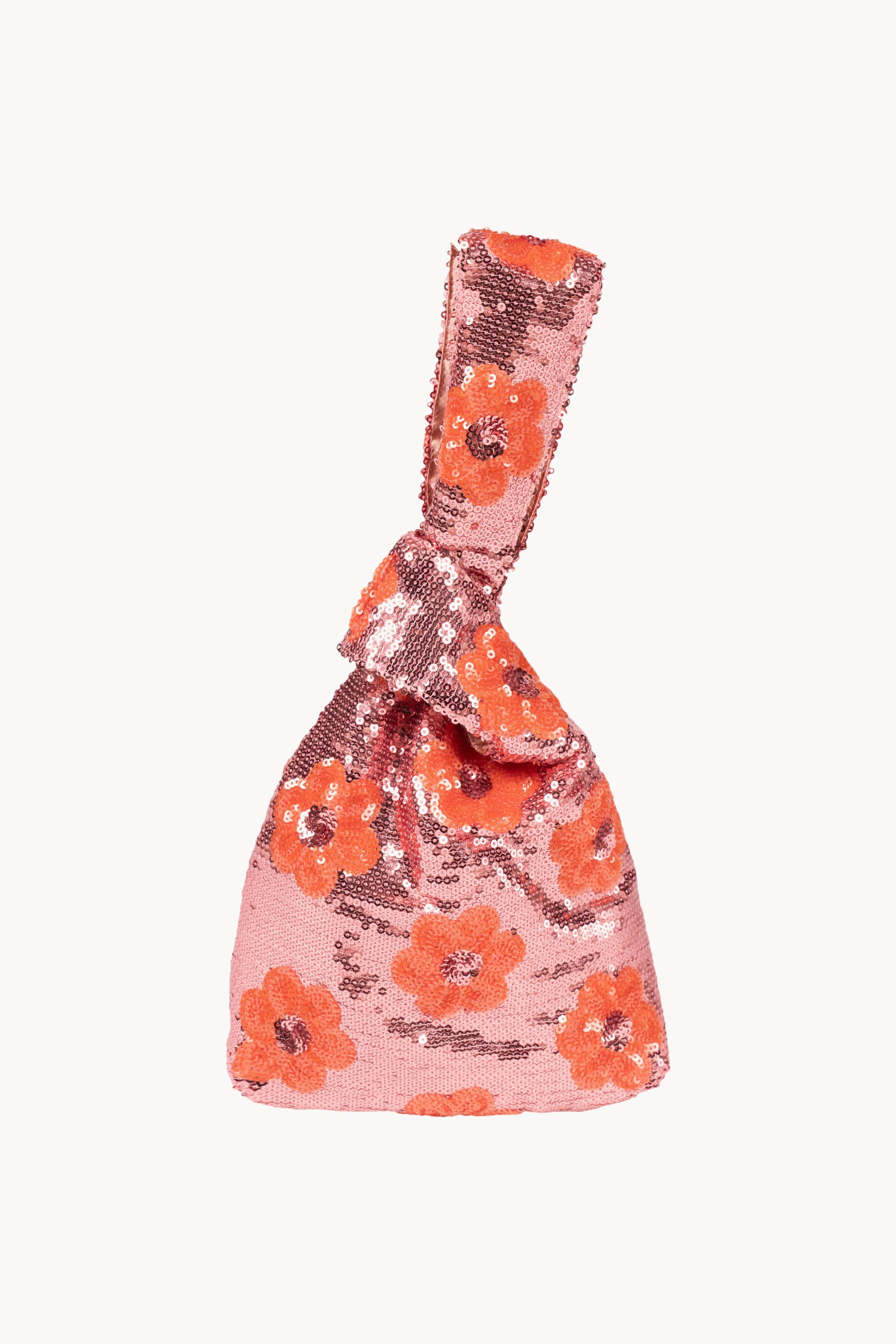 Clutch rosa con margherita e paillettes da portare a mano