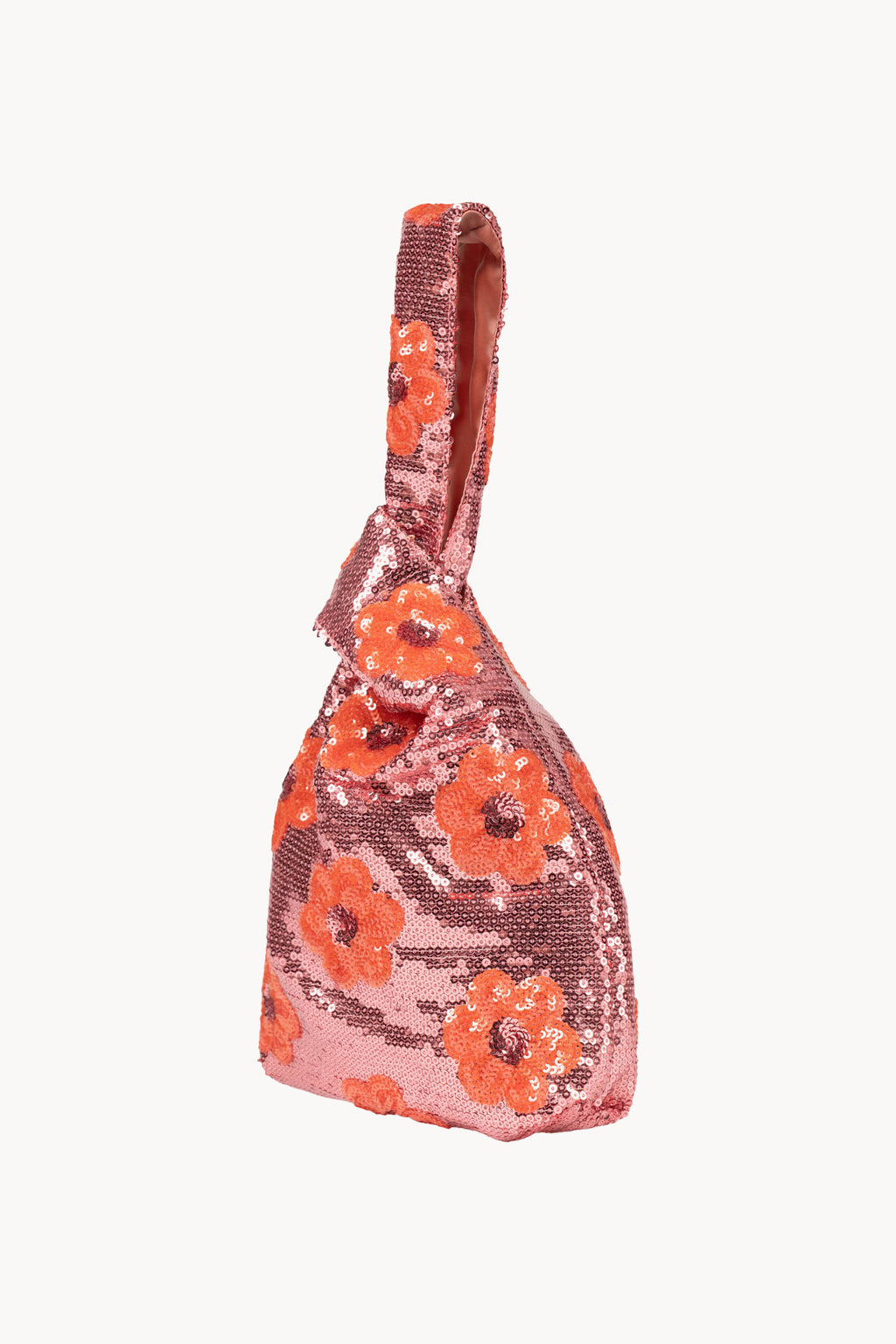 Clutch rosa con margherita e paillettes da portare a mano