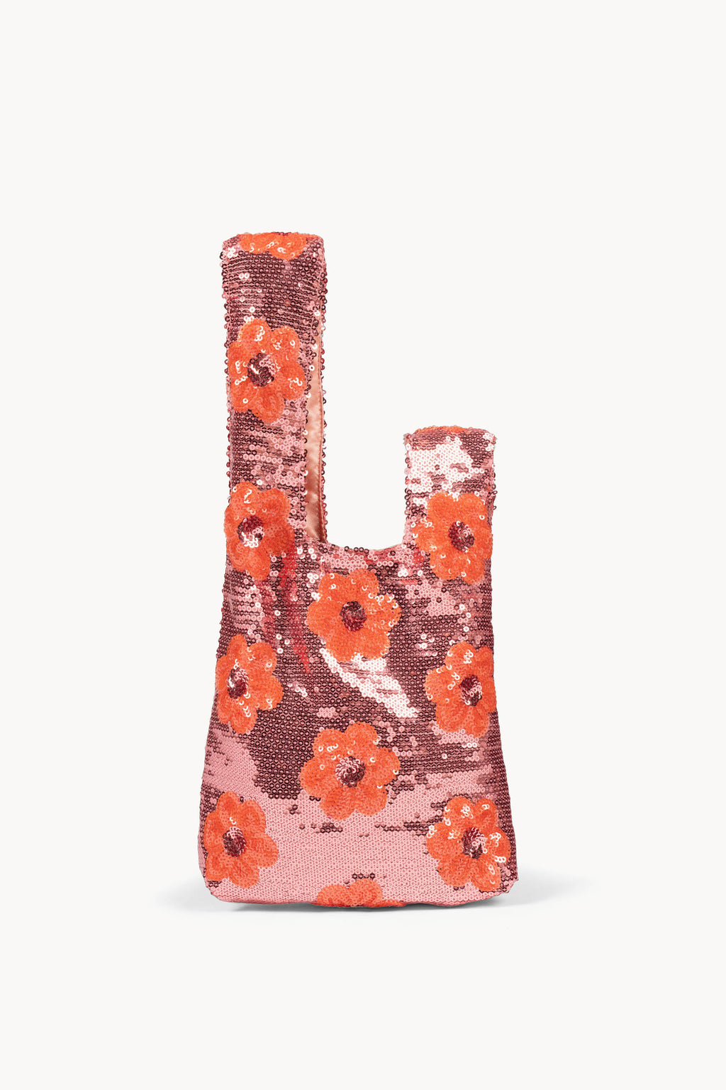 Clutch rosa con margherita e paillettes da portare a mano