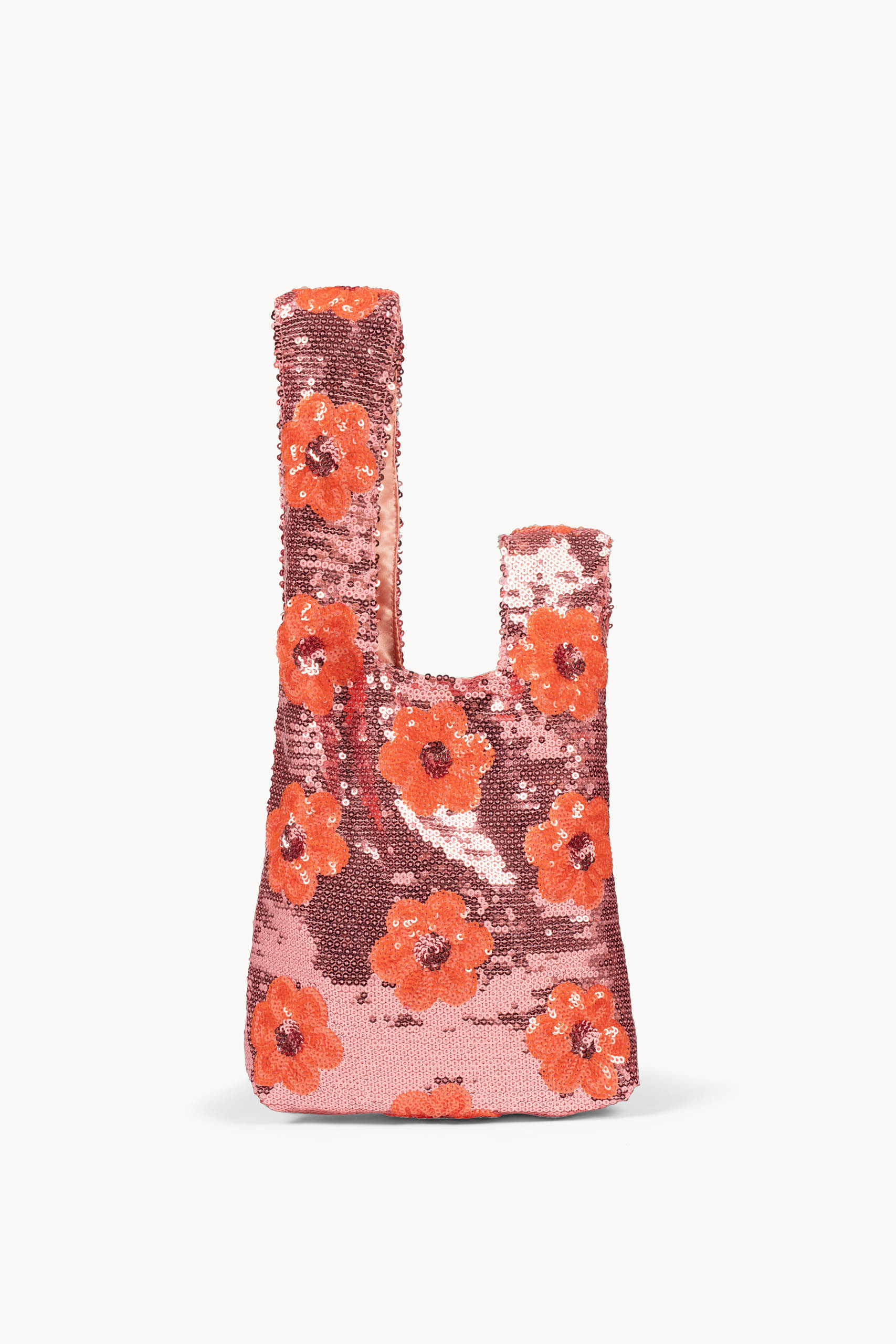 Clutch rosa con margherita e paillettes da portare a mano