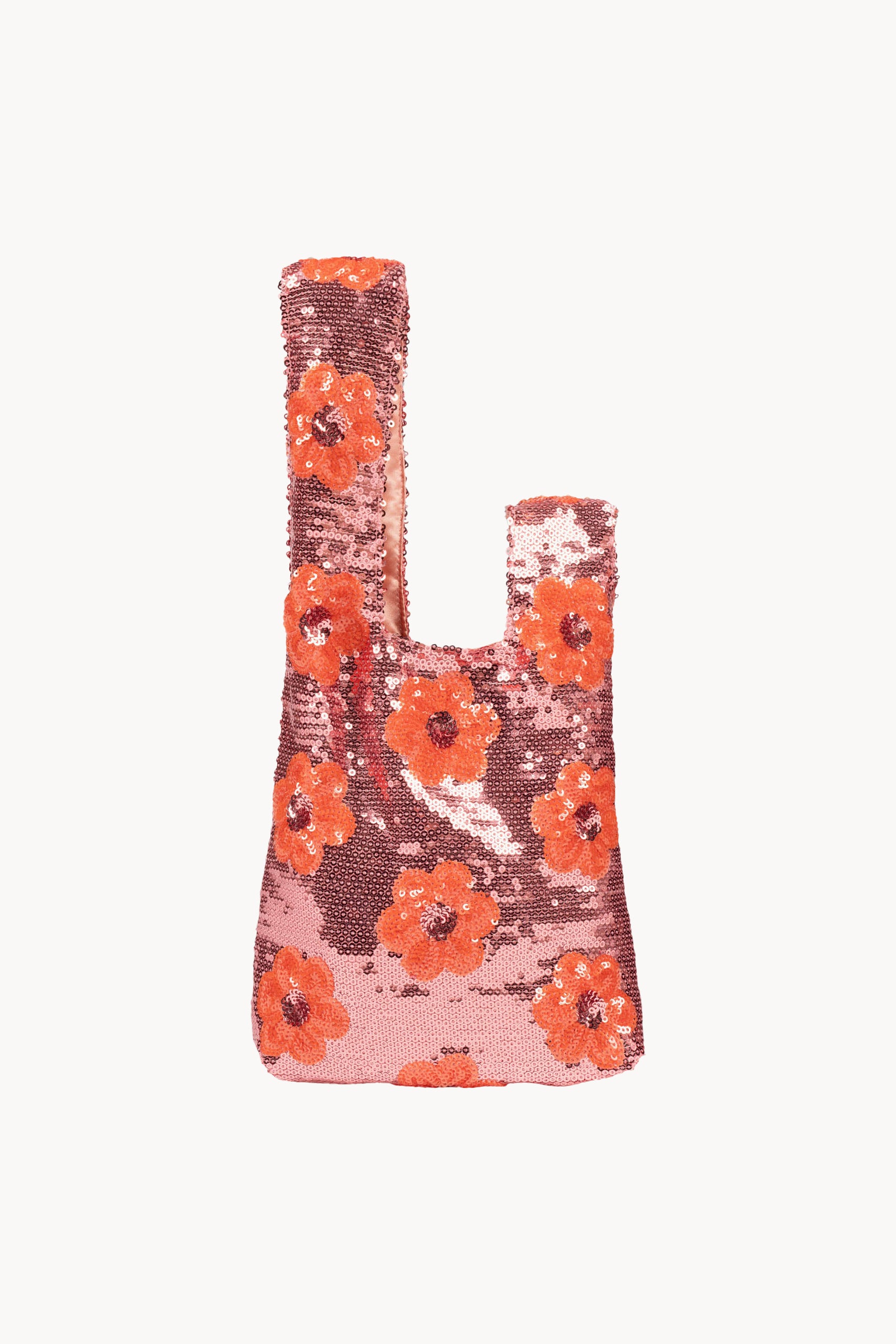 Clutch rosa con margherita e paillettes da portare a mano