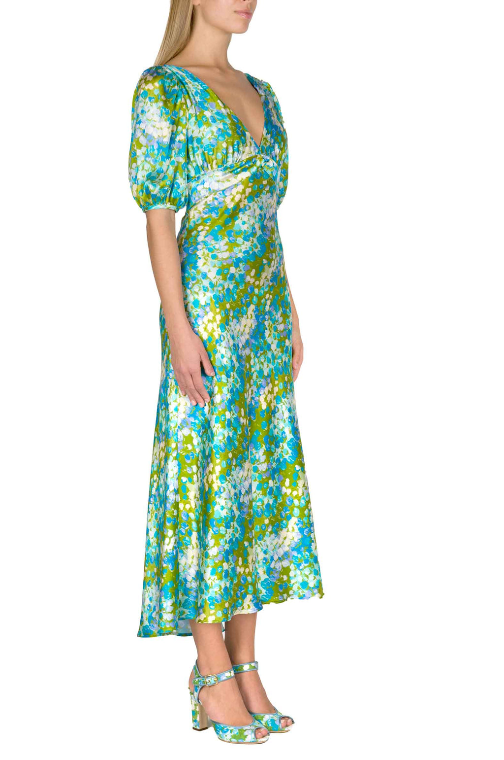 Vestito midi in seta Monet con maniche a sbuffo