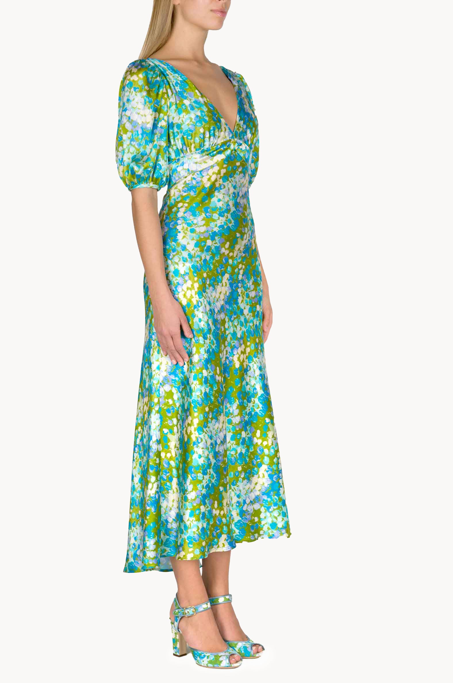Vestito midi in seta Monet con maniche a sbuffo