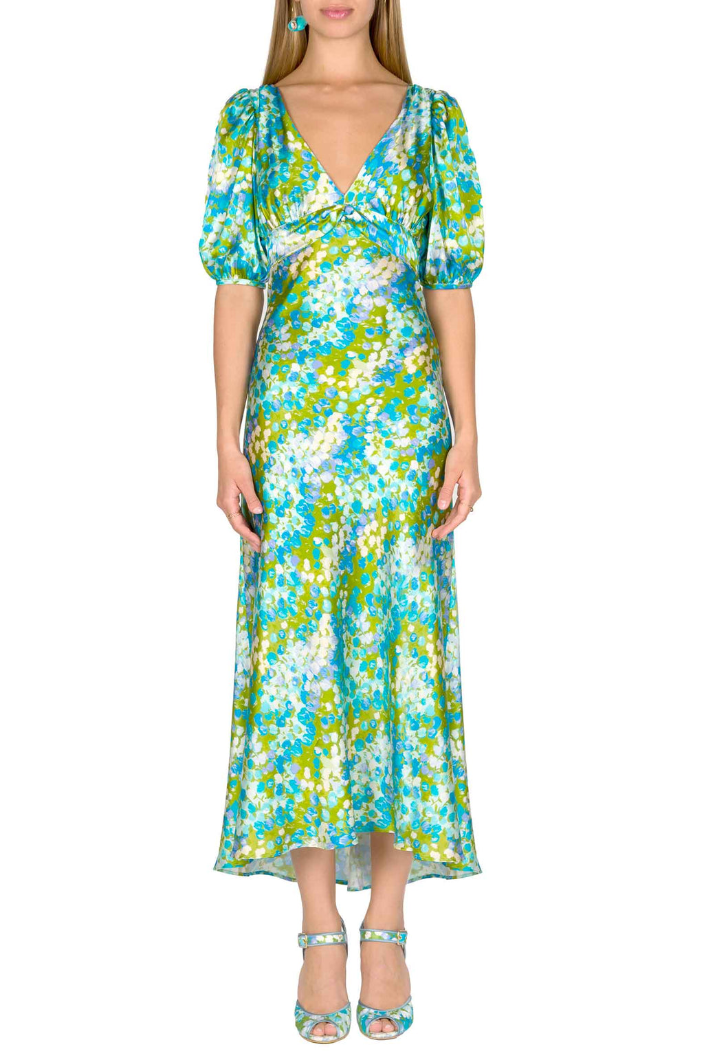 Vestito midi in seta Monet con maniche a sbuffo