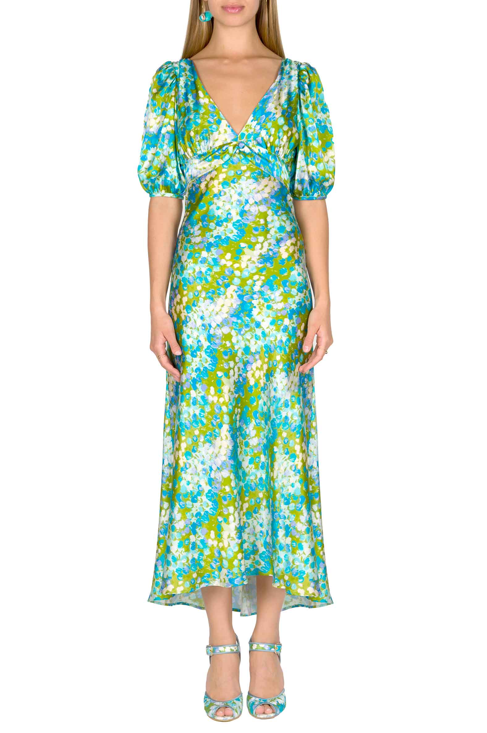Vestito midi in seta Monet con maniche a sbuffo