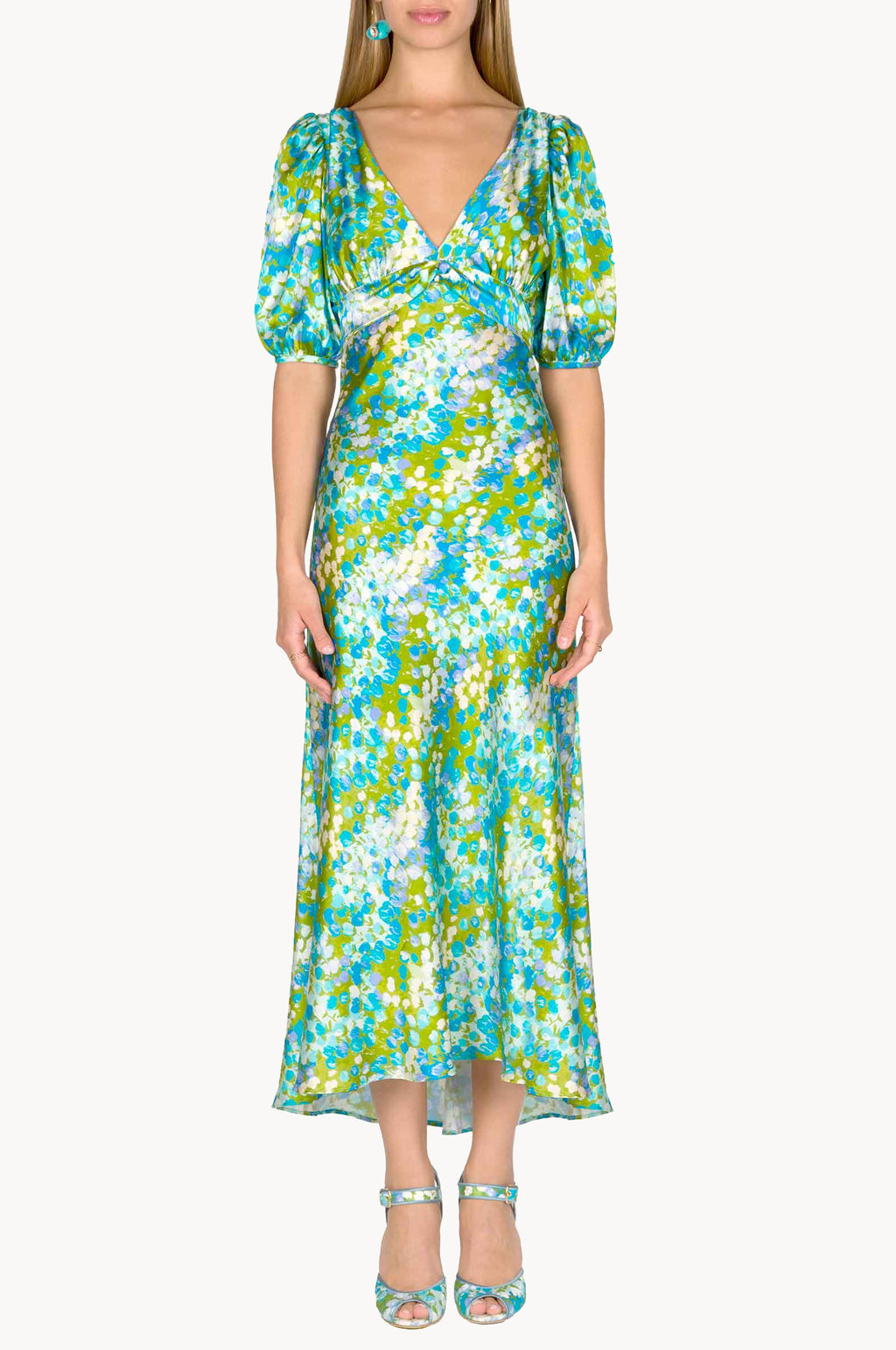 Vestito midi in seta Monet con maniche a sbuffo