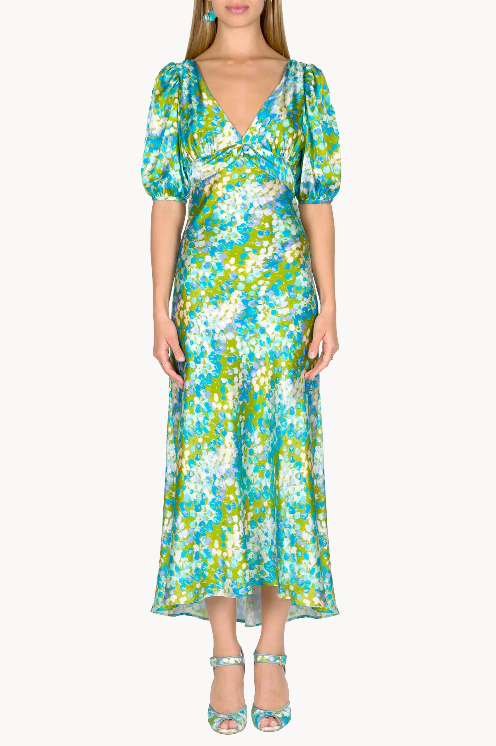 Vestito midi in seta Monet con maniche a sbuffo