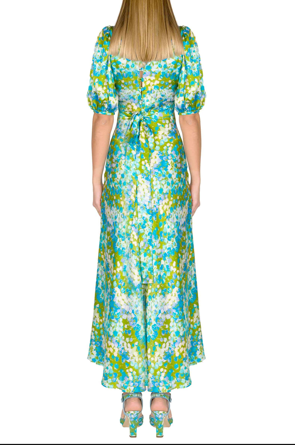 Vestito midi in seta Monet con maniche a sbuffo
