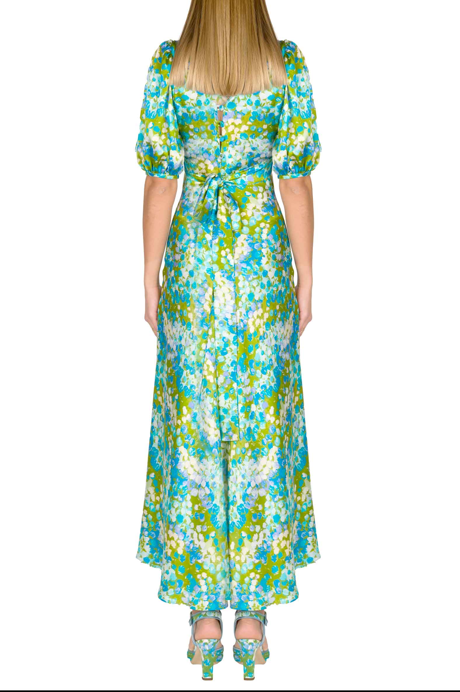 Vestito midi in seta Monet con maniche a sbuffo