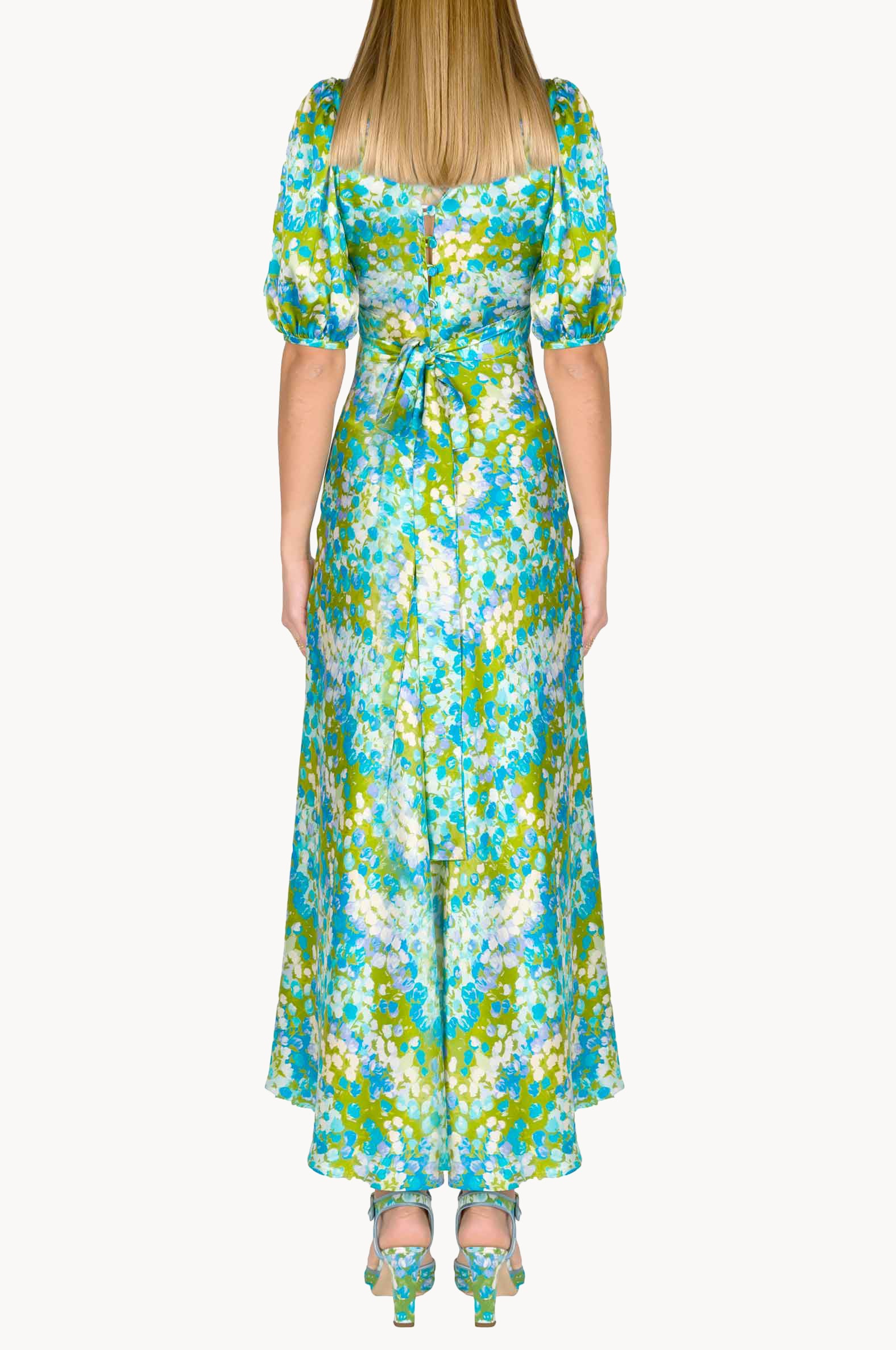 Vestito midi in seta Monet con maniche a sbuffo