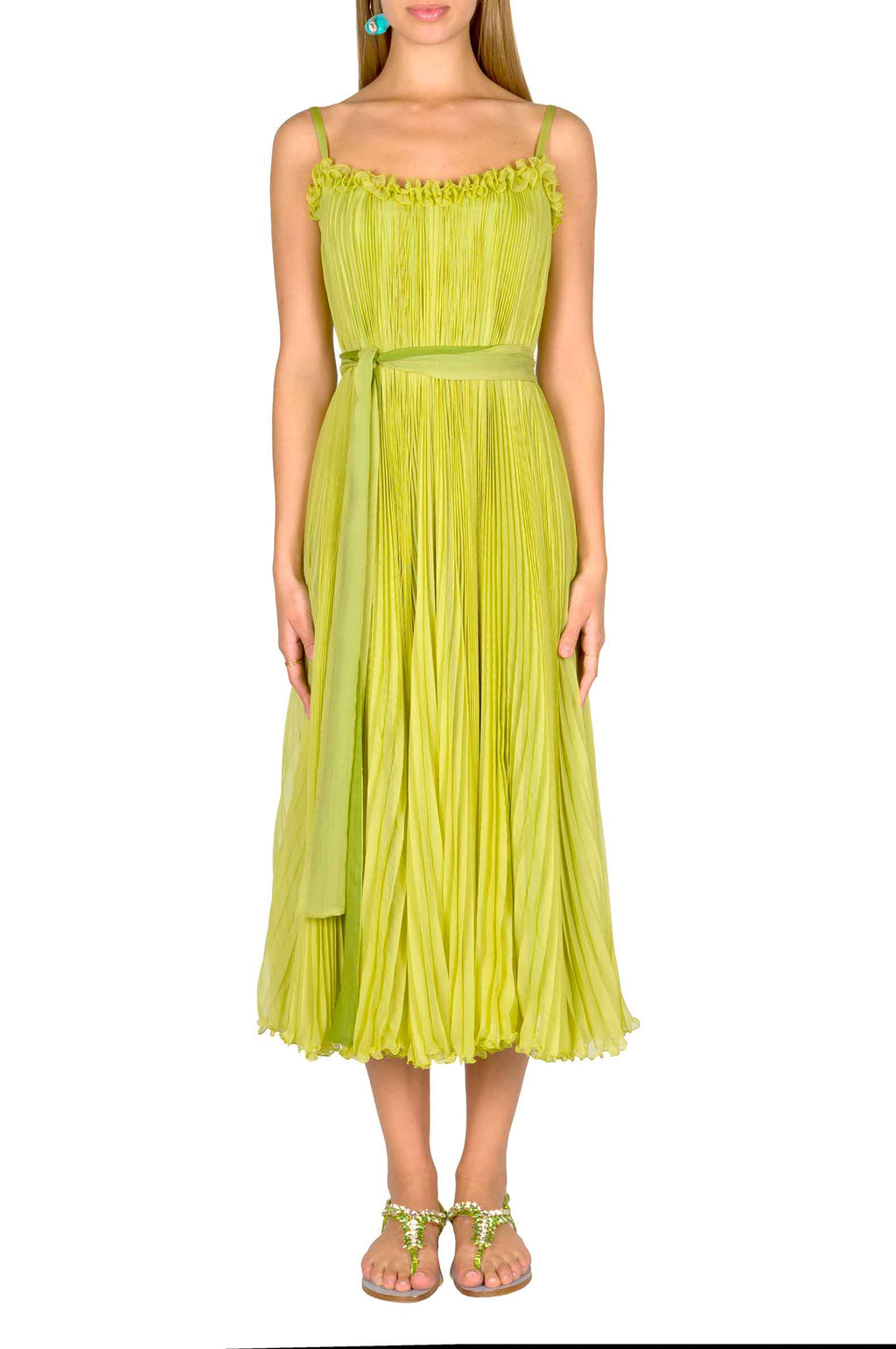 Vestito plissettato verde lime con cintura