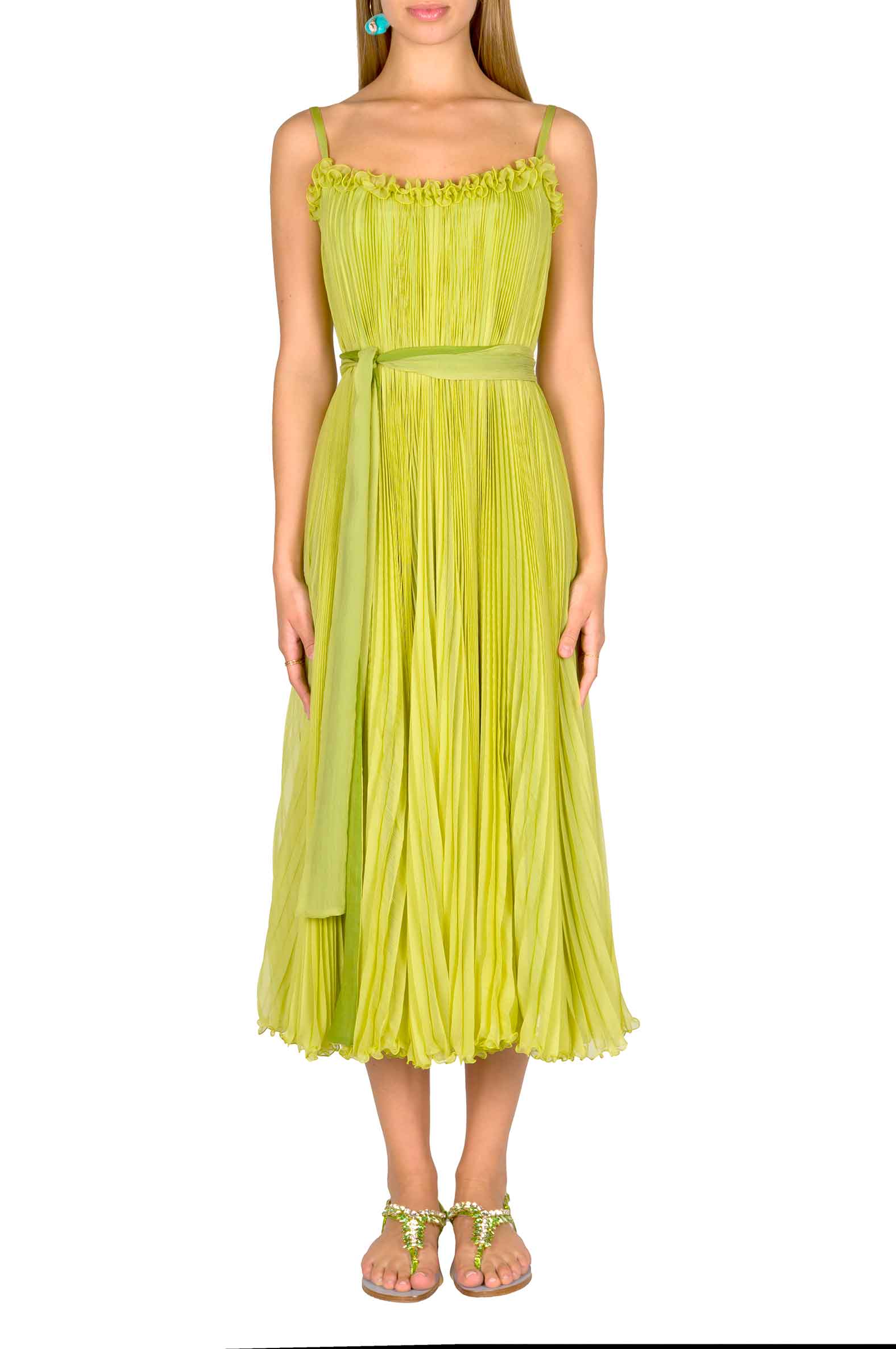Vestito plissettato verde lime con cintura
