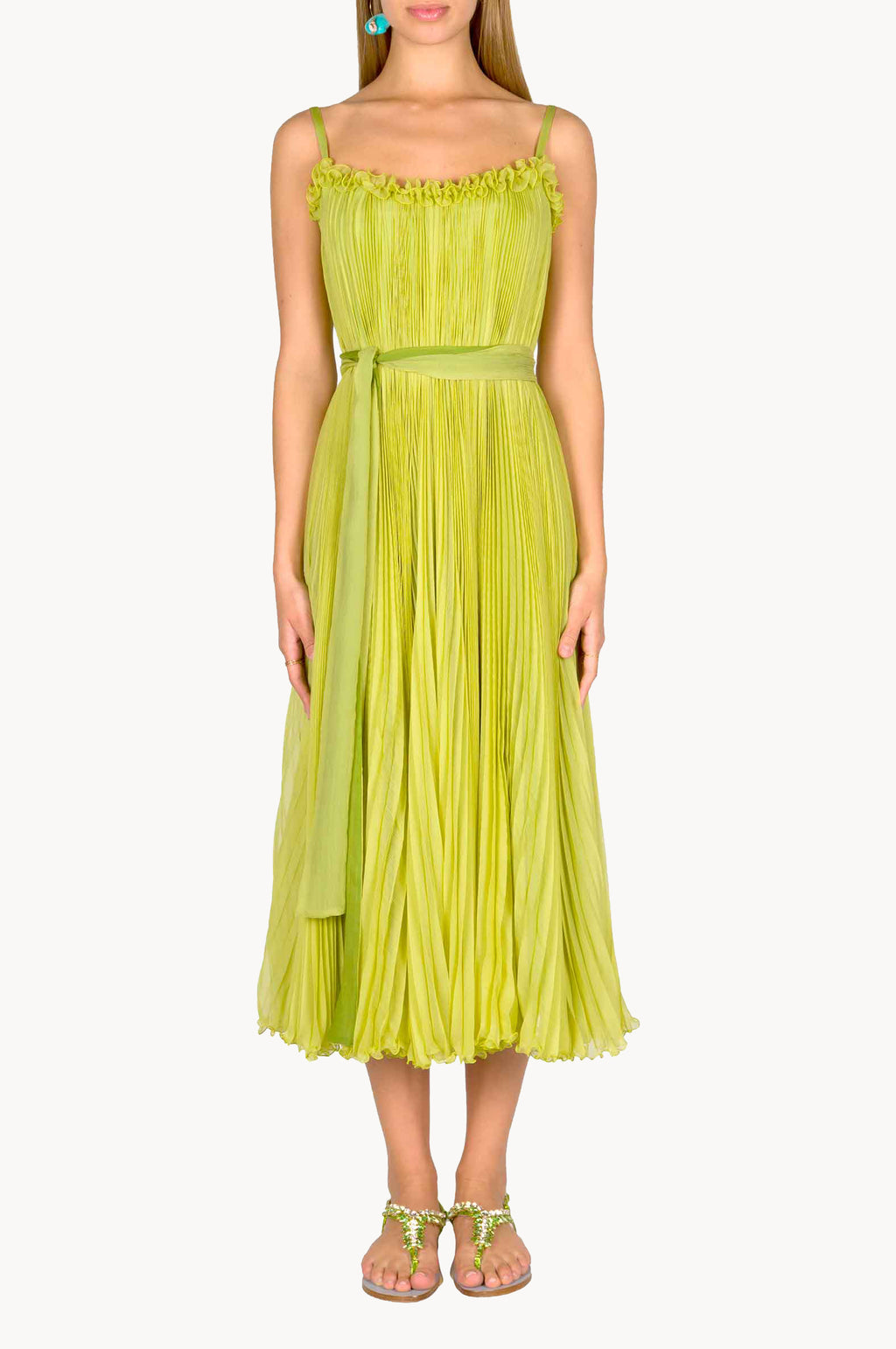 Vestito plissettato verde lime con cintura