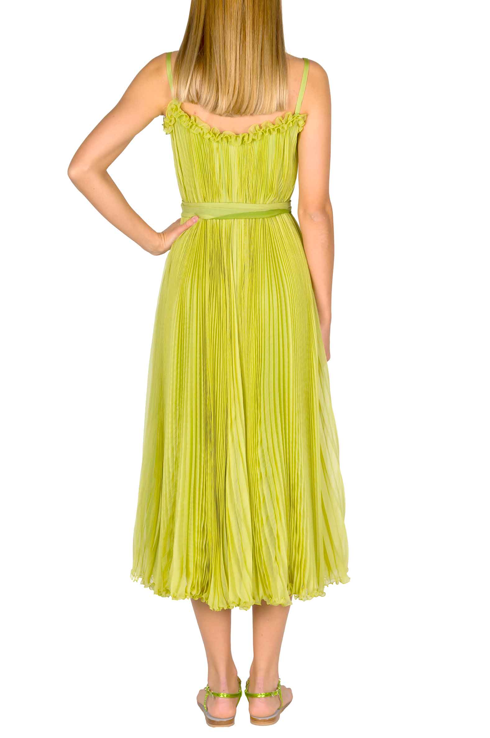 Vestito plissettato verde lime con cintura