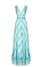 Vestito maxi in seta a righe floreali con vita impero
