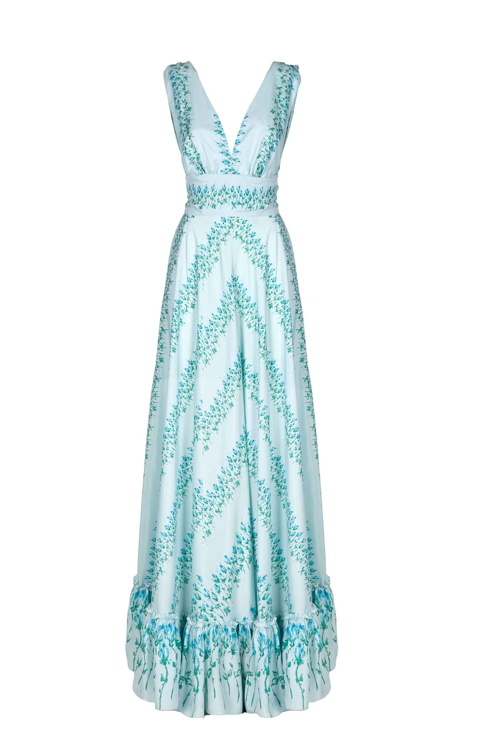 Vestito maxi in seta a righe floreali con vita impero