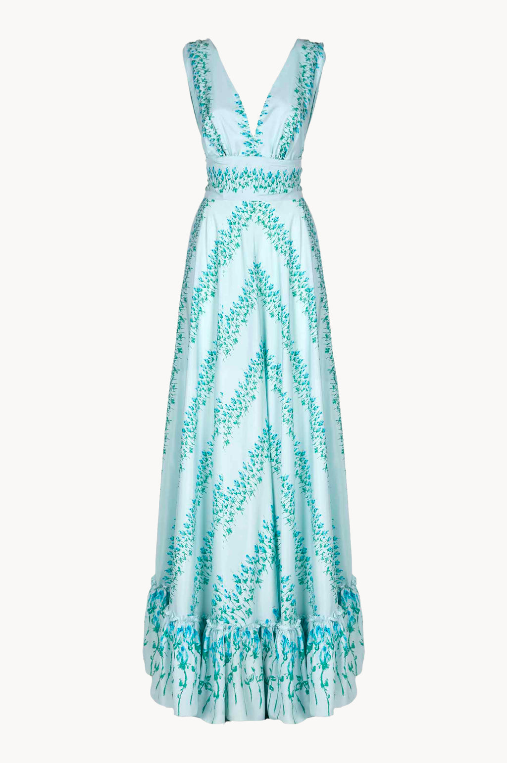 Vestito maxi in seta a righe floreali con vita impero