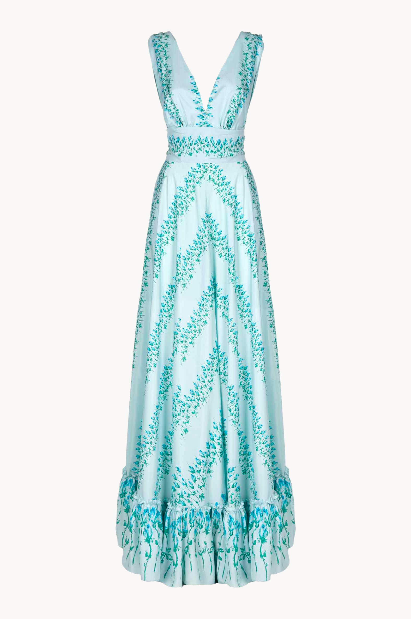 Vestito maxi in seta a righe floreali con vita impero