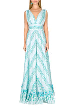 Vestito maxi in seta a righe floreali con vita impero