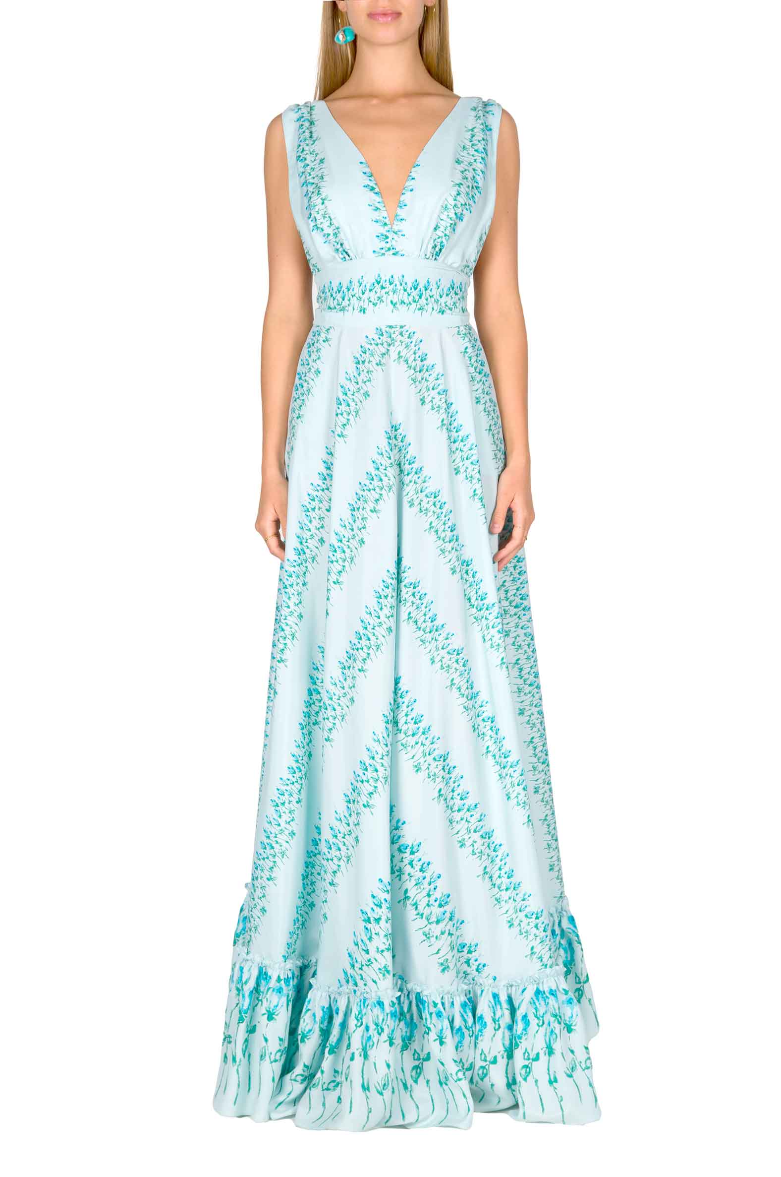 Vestito maxi in seta a righe floreali con vita impero