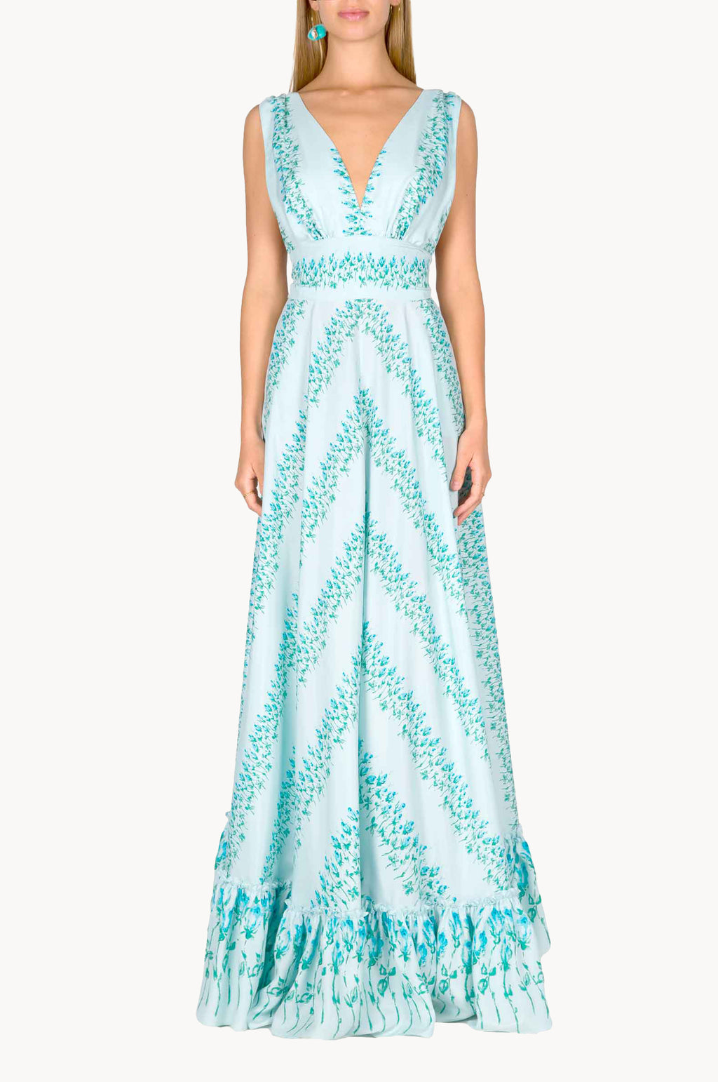 Vestito maxi in seta a righe floreali con vita impero