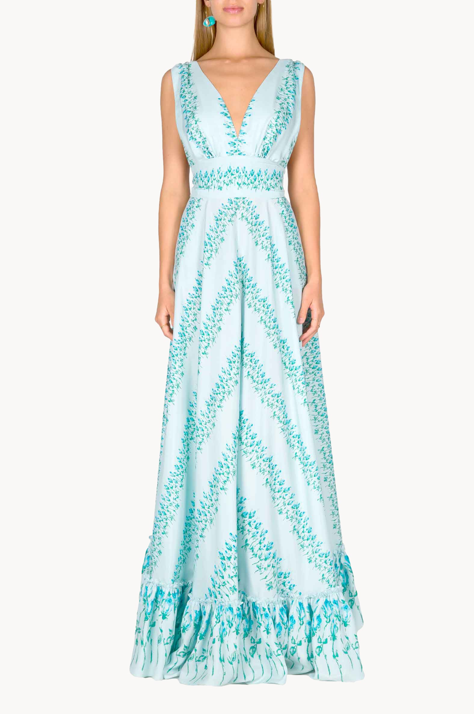 Vestito maxi in seta a righe floreali con vita impero