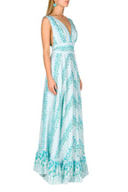 Vestito maxi in seta a righe floreali con vita impero
