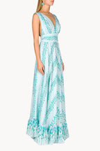 Vestito maxi in seta a righe floreali con vita impero