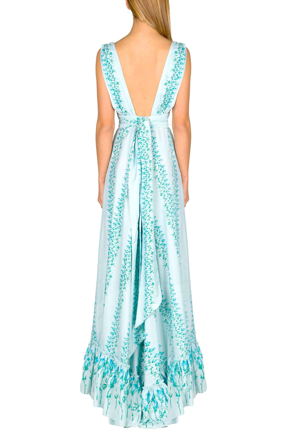 Vestito maxi in seta a righe floreali con vita impero