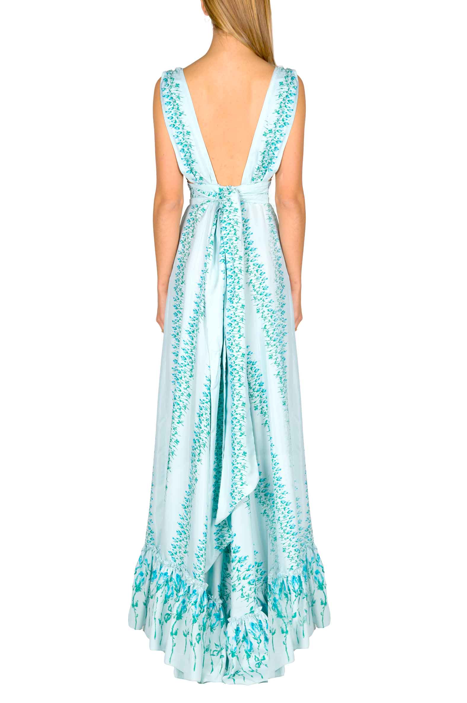 Vestito maxi in seta a righe floreali con vita impero