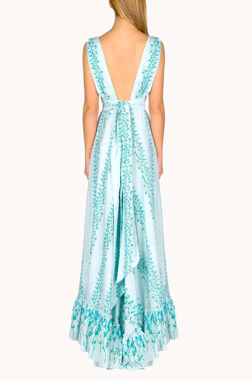 Vestito maxi in seta a righe floreali con vita impero
