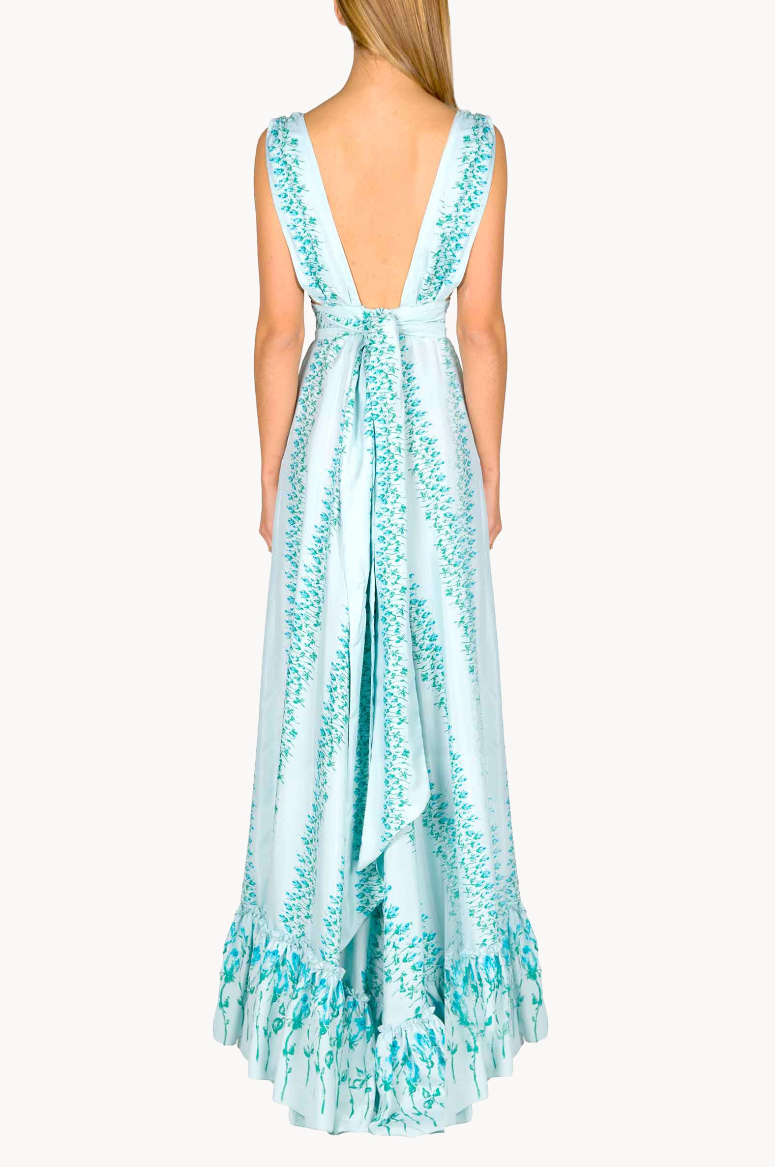 Vestito maxi in seta a righe floreali con vita impero