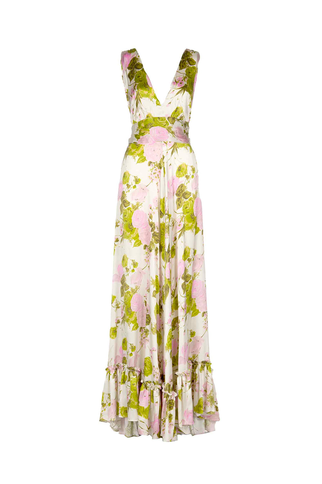 Vestito lungo in seta con rose in fiore e scollo a V