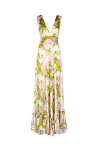 Vestito lungo in seta con rose in fiore e scollo a V