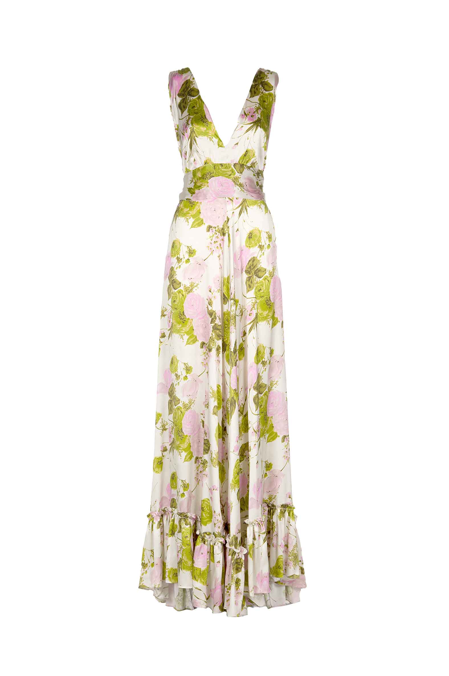 Vestito lungo in seta con rose in fiore e scollo a V