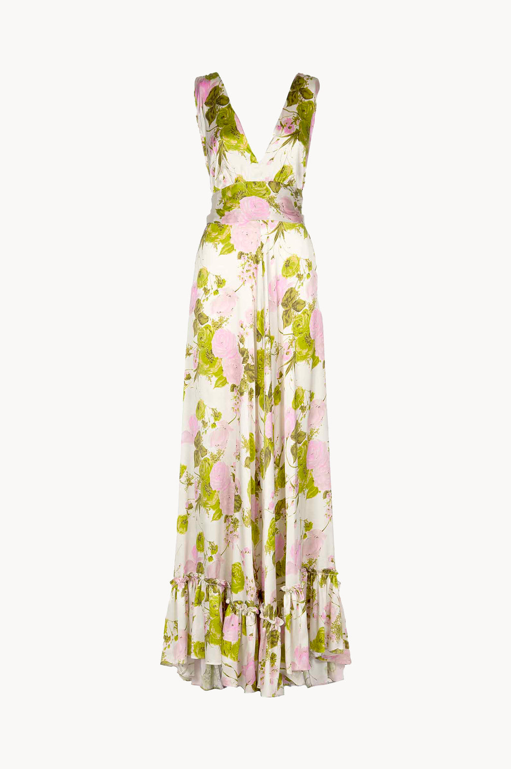 Blooming Roses Silk Long Dress With V Neckline