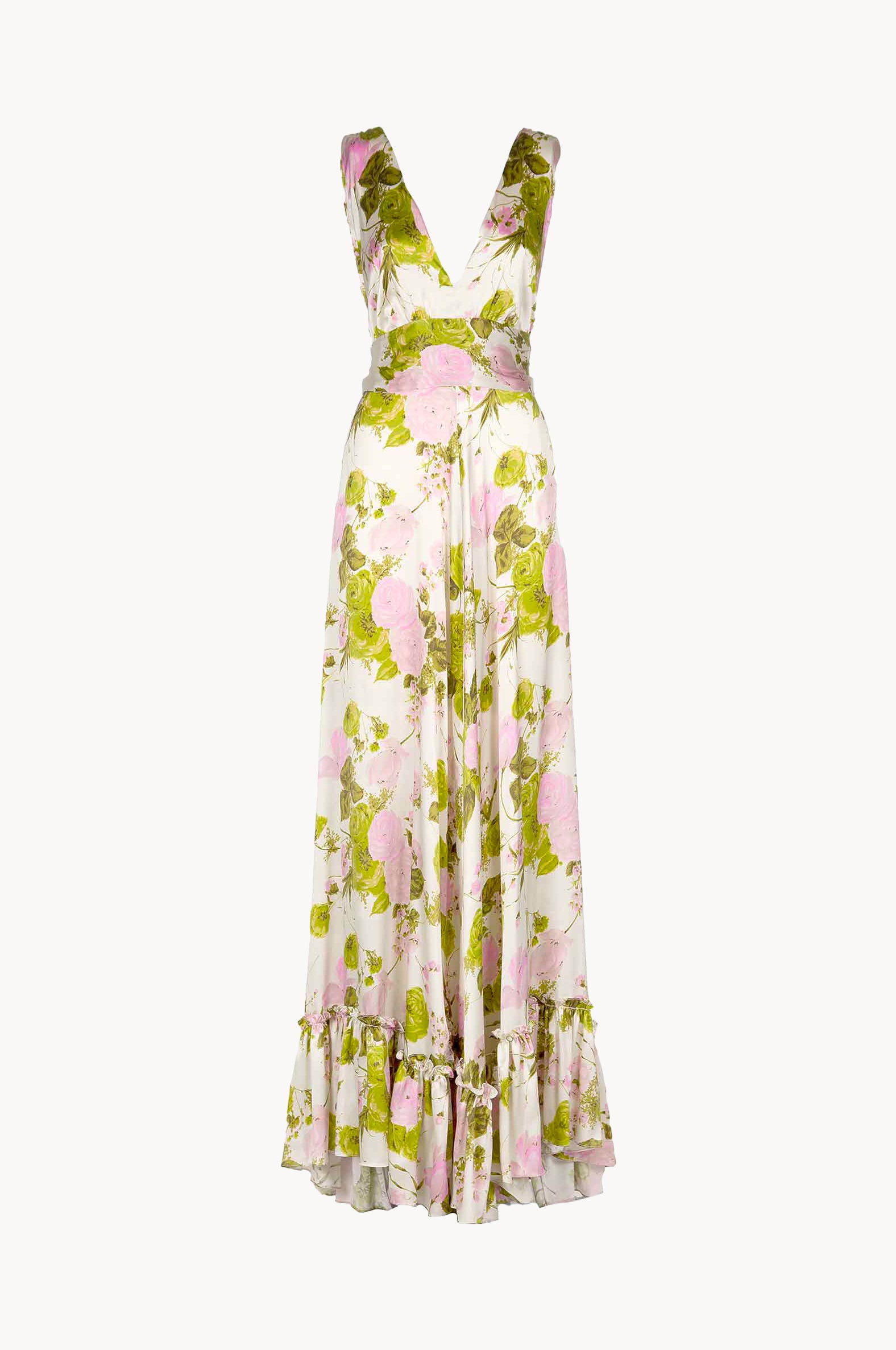 Vestito lungo in seta con rose in fiore e scollo a V