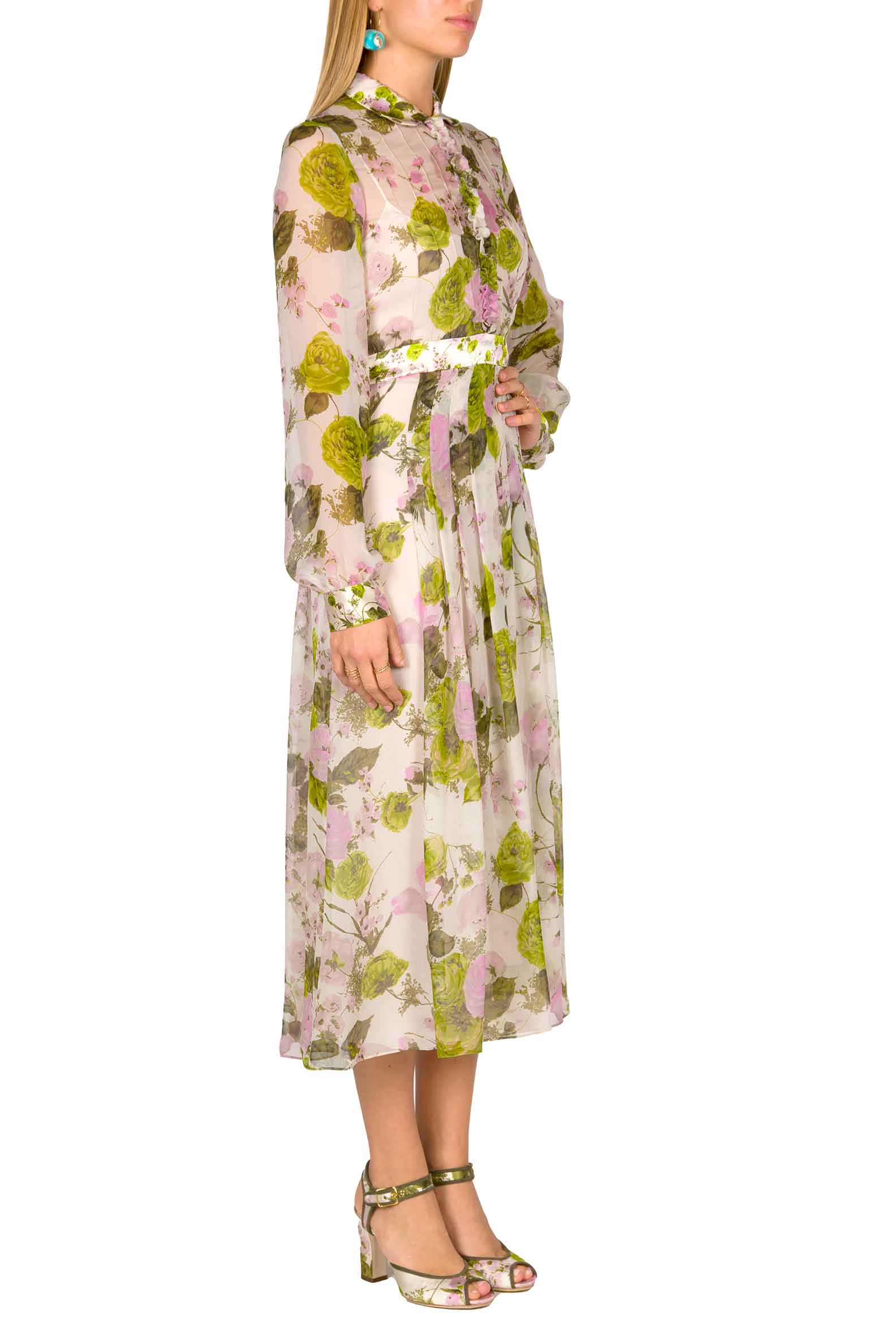 Vestito midi in chiffon stampato con rose in fiore