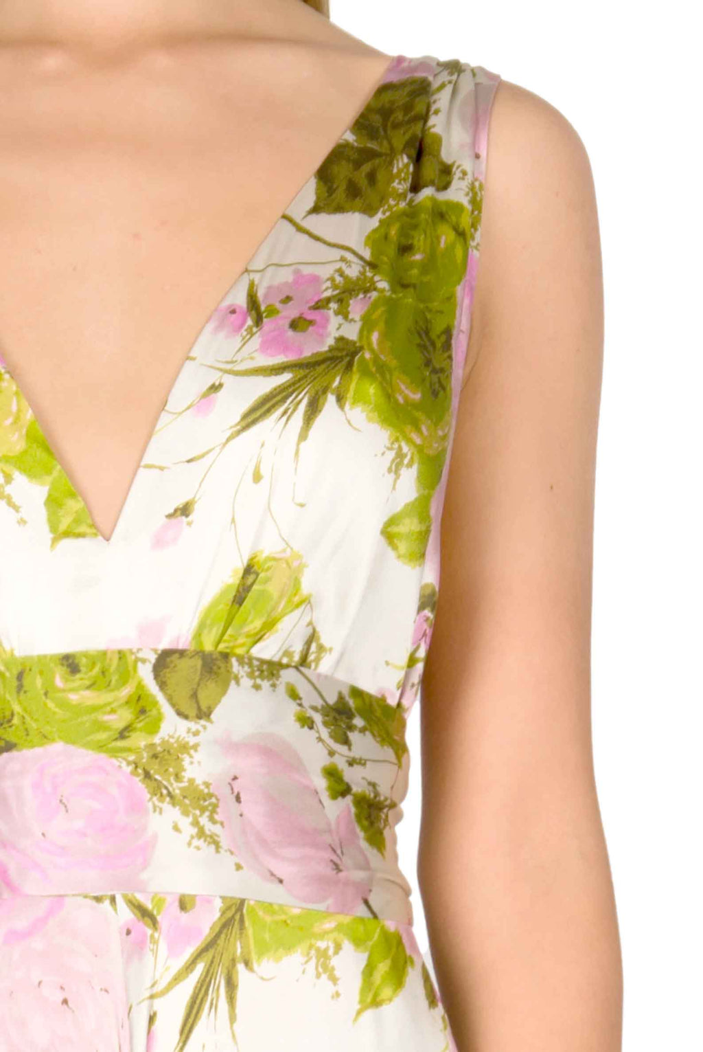 Vestito lungo in seta con rose in fiore e scollo a V