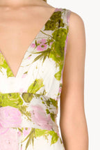 Blooming Roses Silk Long Dress With V Neckline