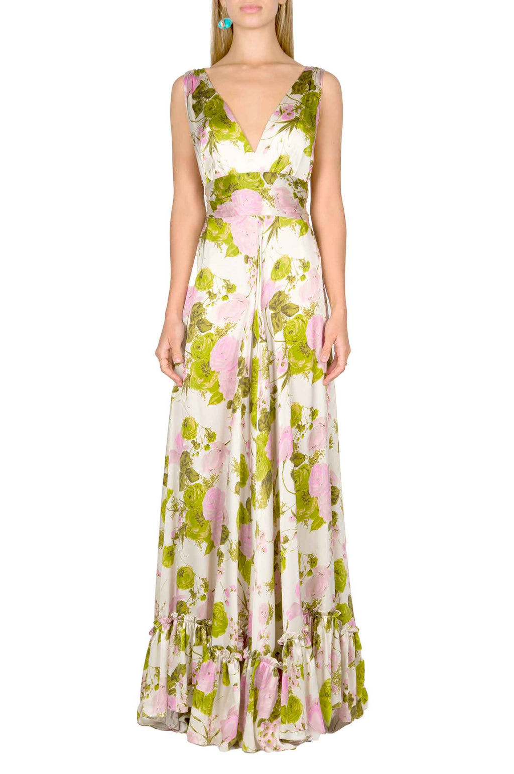 Vestito lungo in seta con rose in fiore e scollo a V