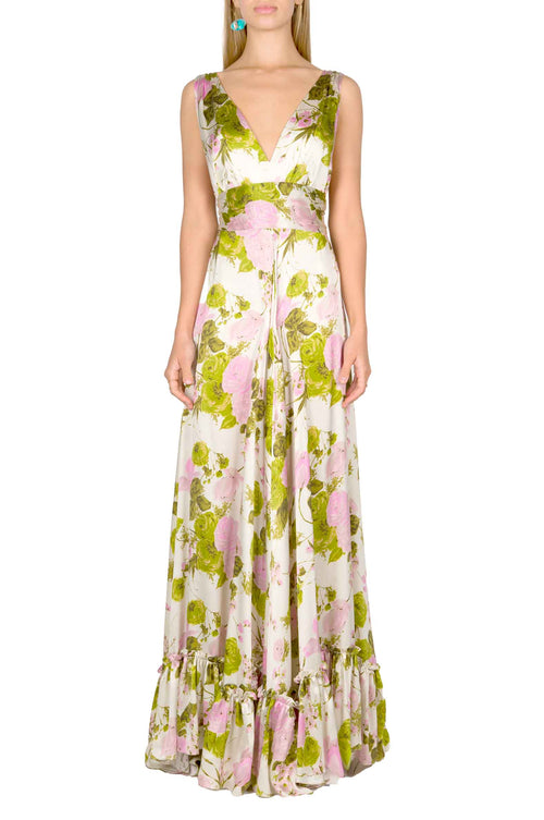 Vestito lungo in seta con rose in fiore e scollo a V