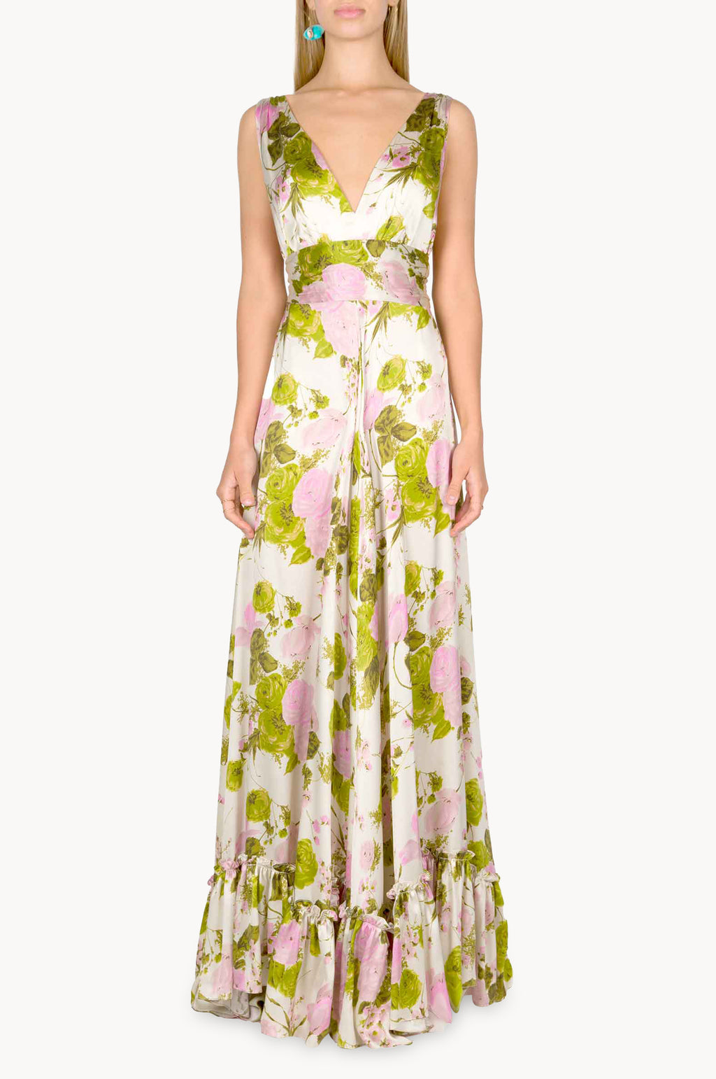 Blooming Roses Silk Long Dress With V Neckline