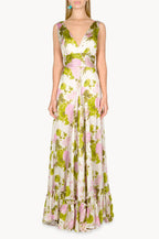 Blooming Roses Silk Long Dress With V Neckline