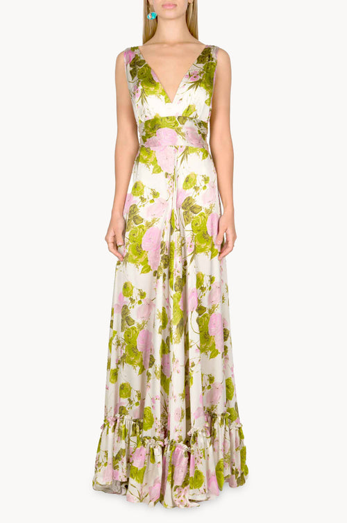 Vestito lungo in seta con rose in fiore e scollo a V